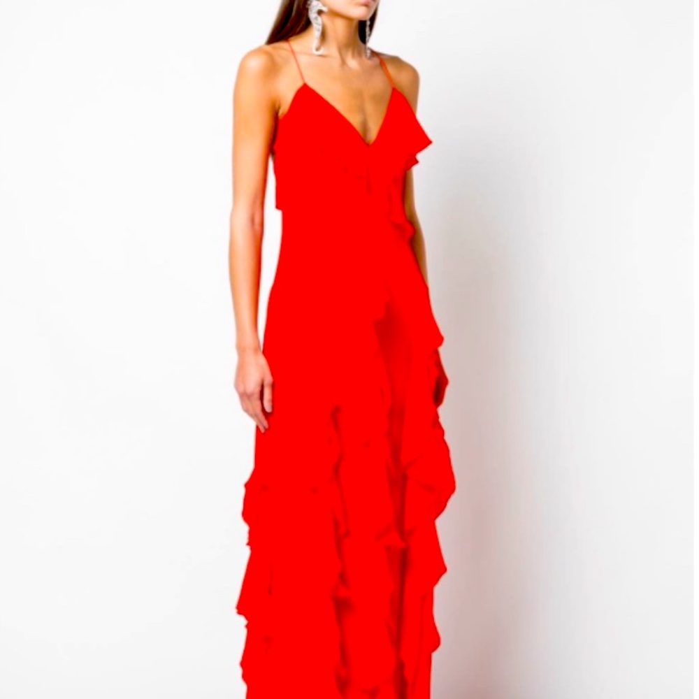 Alice + Olivia Red Claudine Ruffle High Slit Gown